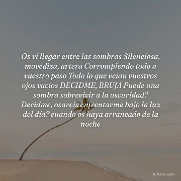 Os vi llegar entre las sombras Silenciosa, movediza, artera Corrompiendo todo a vuestro paso Todo lo que veían vuestros ojos vacíos DECIDME, BRUJA Puede una sombra sobrevivir a la oscuridad? Decidme, osareis enfrentarme bajo la luz del día? cuando os haya arrancado de la noche