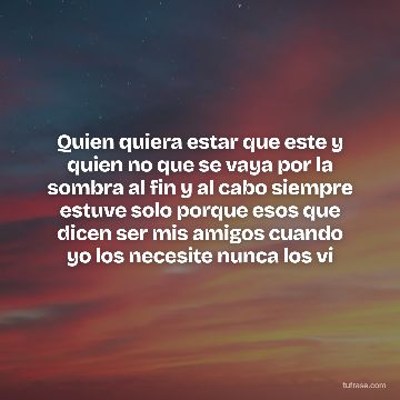Quien quiera estar que este y quien no que se vaya por la sombra al fin y al cabo siempre estuve solo porque esos que dicen ser mis amigos cuando yo los necesite nunca los vi