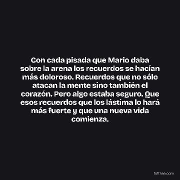 Con cada pisada que Mario daba sobre la arena los recuerdos se hacían más doloroso. Recuerdos que no sólo atacan la mente sino también el corazón. Pero algo estaba seguro. Que esos recuerdos que los lástima lo hará más fuerte y que una nueva vida comienza.