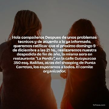 Hola compañeros Despues de unos problemas tecnicos y de acuerdo a lo ya informado, queremos ratificar que el proximo domingo 9 de diciembre a las 21 hs., realizaremos nuestra despedida de fin de año, la misma sera en restaurante "La Perdiz", en la calle Guizpuzcoa 350 esq. Baliñas, atras del shooping de Punta Carretas, los esperamos a todos. El comite organizador.