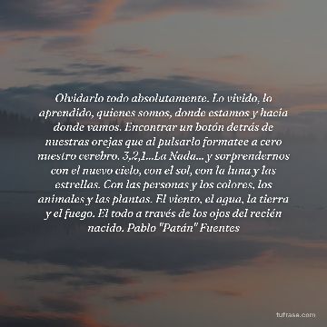 Olvidarlo todo absolutamente. Lo vivido, lo aprendido, quienes somos, donde estamos y hacia donde vamos. Encontrar un botón detrás de nuestras orejas que al pulsarlo formatee a cero nuestro cerebro. 3,2,1...La Nada... y sorprendernos con el nuevo cielo, con el sol, con la luna y las estrellas. Con las personas y los colores, los animales y las plantas. El viento, el agua, la tierra y el fuego. El todo a través de los ojos del recién nacido. Pablo "Patán" Fuentes