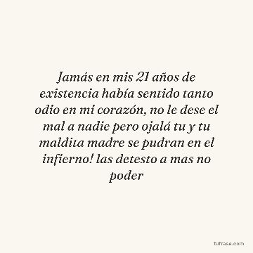 Jamás en mis 21 años de existencia había sentido tanto odio en mi corazón, no le dese el mal a nadie pero ojalá tu y tu maldita madre se pudran en el infierno! las detesto a mas no poder