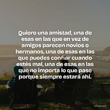 Quiero una amistad, una de esas en las que en vez de amigos parecen novios o hermanos, una de esas en las que puedes confiar cuando estés mal, una de esas en las que no importa lo que pase porque siempre estará ahí.