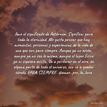 Amo el significado de Aetérnum. Significa: para toda la eternidad. Me gusta pensar que hay momentos, personas y experiencias de la vida de uno que son para siempre. Aunque ya no estén, aunque ya no sea lo mismo, aunque el lugar físico ya ni siquiera exista. Va a perdurar en el aire, en alguna parte de todo el universo, eso va a quedar siendo, PARA SIEMPRE. @amor_por_la_luna
