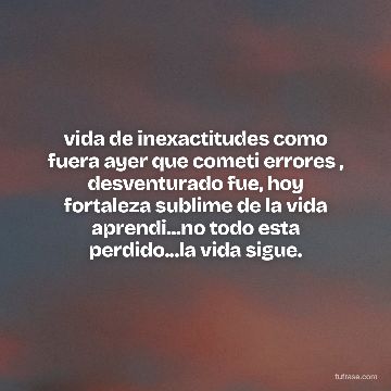 vida de inexactitudes como fuera ayer que cometi errores , desventurado fue, hoy fortaleza sublime de la vida aprendi...no todo esta perdido...la vida sigue.