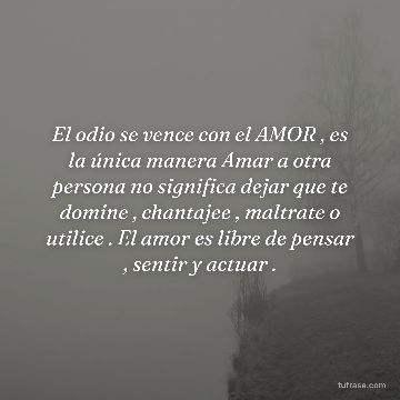El odio se vence con el AMOR , es la única manera Amar a otra persona no significa dejar que te domine , chantajee , maltrate o utilice . El amor es libre de pensar , sentir y actuar .