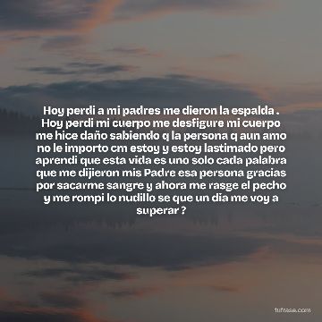 Hoy perdi a mi padres me dieron la espalda . Hoy perdi mi cuerpo me desfigure mi cuerpo me hice daño sabiendo q la persona q aun amo no le importo cm estoy y estoy lastimado pero aprendi que esta vida es uno solo cada palabra que me dijieron mis Padre esa persona gracias por sacarme sangre y ahora me rasge el pecho y me rompi lo nudillo se que un dia me voy a superar ?