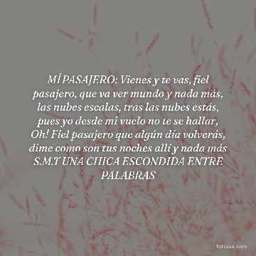 Mİ PASAJERO: Vienes y te vas, fiel pasajero, que va ver mundo y nada más, las nubes escalas, tras las nubes estás, pues yo desde mi vuelo no te se hallar, Oh! Fiel pasajero que algún día volverás, dime como son tus noches allí y nada más S.M.T UNA CHICA ESCONDIDA ENTRE PALABRAS