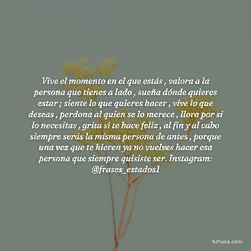 Vive el momento en el que estás , valora a la persona que tienes a lado , sueña dónde quieres estar ; siente lo que quieres hacer , vive lo que deseas , perdona al quien se lo merece , llora por si lo necesitas , grita si te hace feliz , al fin y al cabo siempre serás la misma persona de antes , porque una vez que te hieren ya no vuelves hacer esa persona que siempre quisiste ser. Instagram: @frases_estados1
