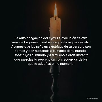 La autoindagación del «yo» La evolución es otro más de los pensamientos que justificas para existir. Asumes que las señales eléctricas de tu cerebro son firmes y dan sustancia a la matrix de tu mundo. Construyes el mundo y a ti mismo a cada instante que mezclas tu percepción con recuerdos de los que te adueñas en tu memoria.