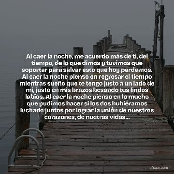 Al caer la noche, me acuerdo más de ti, del tiempo, de lo que dimos y tuvimos que soportar para salvar esto que hoy perdemos. Al caer la noche pienso en regresar el tiempo mientras sueño que te tengo justo a un lado de mi, justo en mis brazos besando tus lindos labios. Al caer la noche pienso en lo mucho que pudimos hacer si los dos hubiéramos luchado juntos por lograr la unión de nuestros corazones, de nuetras vidas...