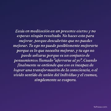 Estás en meditación en un presente eterno y no esperas ningún resultado. No haces esto para mejorar, porque descubriste que no puedes mejorar. Tu ego no puede posiblemente mejorarte porque es lo que necesita mejorar, y tu ego no puede soltarse porque es un conjunto de pensamientos llamado "aferrarse al yo". Cuando finalmente se entiende que eso es incapaz de lograr una transformación de la consciencia, o el vívido sentido de unión del individuo y el cosmos, simplemente se evapora.