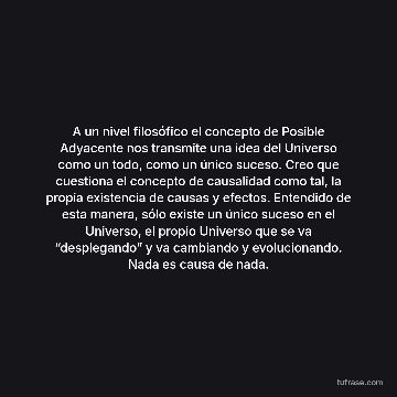 A un nivel filosófico el concepto de Posible Adyacente nos transmite una idea del Universo como un todo, como un único suceso. Creo que cuestiona el concepto de causalidad como tal, la propia existencia de causas y efectos. Entendido de esta manera, sólo existe un único suceso en el Universo, el propio Universo que se va “desplegando” y va cambiando y evolucionando. Nada es causa de nada.