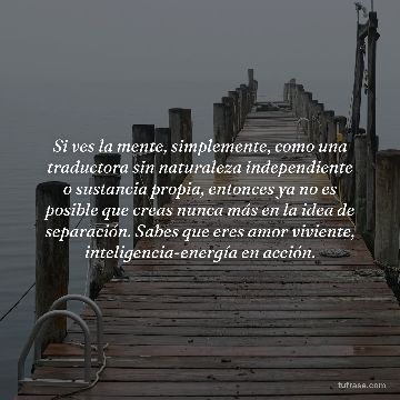 Si ves la mente, simplemente, como una traductora sin naturaleza independiente o sustancia propia, entonces ya no es posible que creas nunca más en la idea de separación. Sabes que eres amor viviente, inteligencia-energía en acción.