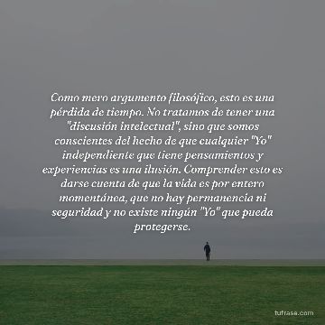 Como mero argumento filosófico, esto es una pérdida de tiempo. No tratamos de tener una "discusión intelectual", sino que somos conscientes del hecho de que cualquier "Yo" independiente que tiene pensamientos y experiencias es una ilusión. Comprender esto es darse cuenta de que la vida es por entero momentánea, que no hay permanencia ni seguridad y no existe ningún "Yo" que pueda protegerse.