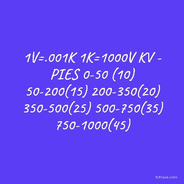 1V=.001K 1K=1000V KV - PIES 0-50 (10) 50-200(15) 200-350(20) 350-500(25) 500-750(35) 750-1000(45)