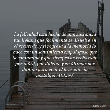 La felicidad está hecha de una sustancia tan liviana que fácilmente se disuelve en el recuerdo, y si regresa a la memoria lo hace con un sentimiento empalagoso que la contamina y que siempre he rechazado por inútil, por dulzón, y en últimas por dañino para vivir el presente: la nostalgia MELINA