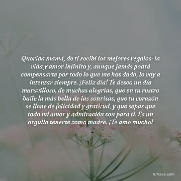 Querida mamá, de ti recibí los mejores regalos: la vida y amor infinito y, aunque jamás podré compensarte por todo lo que me has dado, lo voy a intentar siempre. ¡Feliz día! Te deseo un día maravilloso, de muchas alegrías, que en tu rostro baile la más bella de las sonrisas, que tu corazón se llene de felicidad y gratitud, y que sepas que todo mi amor y admiración son para ti. Es un orgullo tenerte como madre. ¡Te amo mucho!