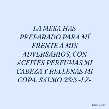 LA MESA HAS PREPARADO PARA MÍ FRENTE A MIS ADVERSARIOS, CON ACEITES PERFUMAS MI CABEZA Y RELLENAS MI COPA. SALMO 23:5 -LZ-