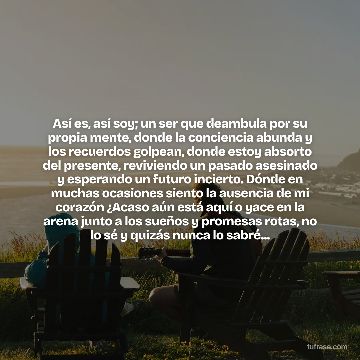Así es, así soy; un ser que deambula por su propia mente, donde la conciencia abunda y los recuerdos golpean, donde estoy absorto del presente, reviviendo un pasado asesinado y esperando un futuro incierto. Dónde en muchas ocasiones siento la ausencia de mi corazón ¿Acaso aún está aquí o yace en la arena junto a los sueños y promesas rotas, no lo sé y quizás nunca lo sabré...