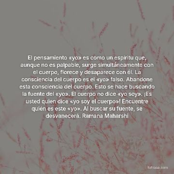 El pensamiento «yo» es como un espíritu que, aunque no es palpable, surge simultáneamente con el cuerpo, florece y desaparece con él. La consciencia del cuerpo es el «yo» falso. Abandone esta consciencia del cuerpo. Esto se hace buscando la fuente del «yo». El cuerpo no dice «yo soy». ¡Es usted quien dice «yo soy el cuerpo»! Encuentre quién es este «yo». Al buscar su fuente, se desvanecerá. Ramana Maharshi