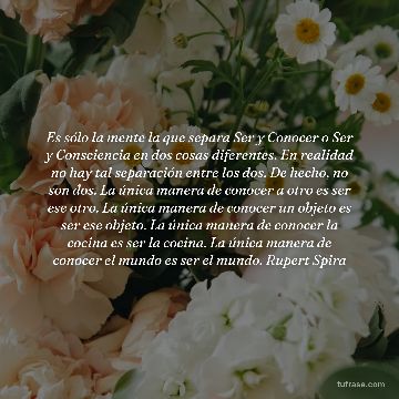 Es sólo la mente la que separa Ser y Conocer o Ser y Consciencia en dos cosas diferentes. En realidad no hay tal separación entre los dos. De hecho, no son dos. La única manera de conocer a otro es ser ese otro. La única manera de conocer un objeto es ser ese objeto. La única manera de conocer la cocina es ser la cocina. La única manera de conocer el mundo es ser el mundo. Rupert Spira