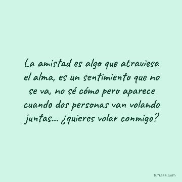 La amistad es algo que atraviesa el alma, es un sentimiento que no se va, no sé cómo pero aparece cuando dos personas van volando juntas... ¿quieres volar conmigo?