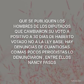 QUE SE PUBLIQUEN LOS HOMBRES DE LOS DIPUTADOS QUE CAMBIARON SU VOTO A POSITIVO A 30 DIAS DE HABERTO VOTADO NO A LA LEY BASE. HAY DENUNCIAS DE CUANTIOSAS COIMAS POCOS PERIODISTAS LO DENUNCIARON , ENTRE ELLOS NANCY PASOS