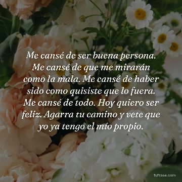 Me cansé de ser buena persona. Me cansé de que me mirarán como la mala. Me cansé de haber sido como quisiste que lo fuera. Me cansé de todo. Hoy quiero ser feliz. Agarra tu camino y vete que yo ya tengo el mío propio.