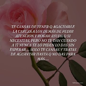 TE CANSAS DE TENER Q AGACHARLE LA CABEZA A LOS DEMÁS DE PEDIR ATENCION Y ROGAR AYUDA Q SI NECESITAS, PERO NO TE DAN CUANDO A TI NUNCA TE LO PIDEN LO DAS SIN ESPERAR.... SOLO TE CANSAS Y TRATAS DE AGUANTAR HASTA Q NO DAS PARA MÁS.....