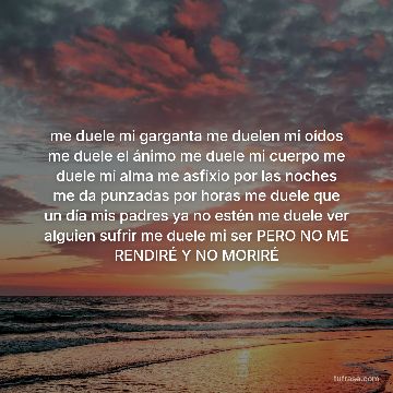 me duele mi garganta me duelen mi oídos me duele el ánimo me duele mi cuerpo me duele mi alma me asfixio por las noches me da punzadas por horas me duele que un día mis padres ya no estén me duele ver alguien sufrir me duele mi ser PERO NO ME RENDIRÉ Y NO MORIRÉ