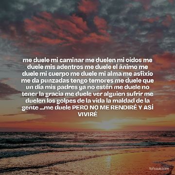 me duele mi caminar me duelen mi oídos me duele mis adentros me duele el ánimo me duele mi cuerpo me duele mi alma me asfixio me da punzadas tengo temores me duele que un día mis padres ya no estén me duele no tener la gracia me duele ver alguien sufrir me duelen los golpes de la vida la maldad de la gente ...me duele PERO NO ME RENDIRÉ Y ASÍ VIVIRÉ