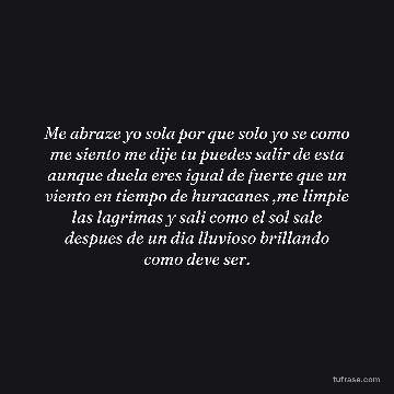 Me abraze yo sola por que solo yo se como me siento me dije tu puedes salir de esta aunque duela eres igual de fuerte que un viento en tiempo de huracanes ,me limpie las lagrimas y sali como el sol sale despues de un dia lluvioso brillando como deve ser.